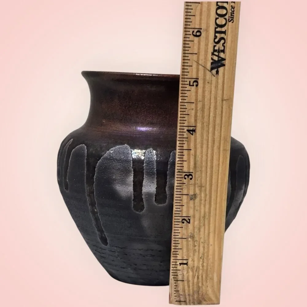 Vintage Raku Style Handmade Ceramic Brown Vase 5” Signed 